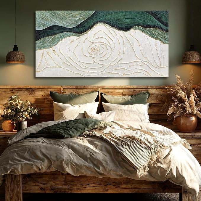 Dolidoteart Canvas Wall Art, Green Abstract Wall Art Print with Textured Hand-Painted Look, Sage Green Cream Gold Horizontal Artwork for Office Living Room Bedroom, 24x48 Inch