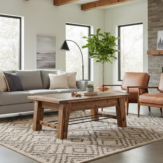 Alaterre Furniture Durango Solid Wood Coffee Table with Metal Storage Shelf | 48-Inch, Rustic Industrial Living Room Table, Metal Accent, Rustic Natural Grain Lacquer Finish