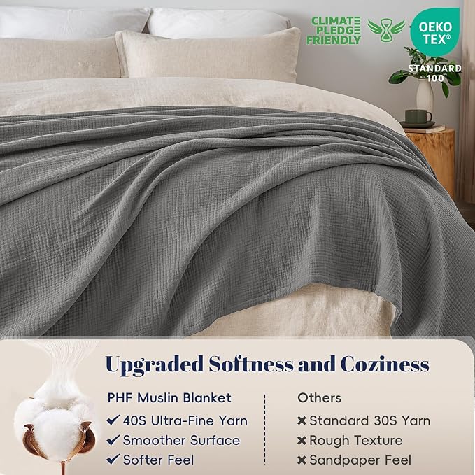 PHF 100% Cotton Muslin Blanket Queen Size 90"x90", 4-Layer Lightweight Gauze Throw, Breathable Cloud-Soft Minimalist Blanket for Bed, Couch, Camping & Baby, Greyish Black, Ideal Gift