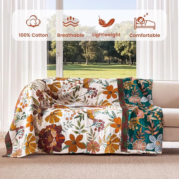 MSGKV Summer Throw Blanket for Couch, 100% Cotton Muslin Breathable Woven Bed Throws 60"x80" Boho Vintage Quilt for All Seasons Lightweight Farmhouse Blankets Home Decoration