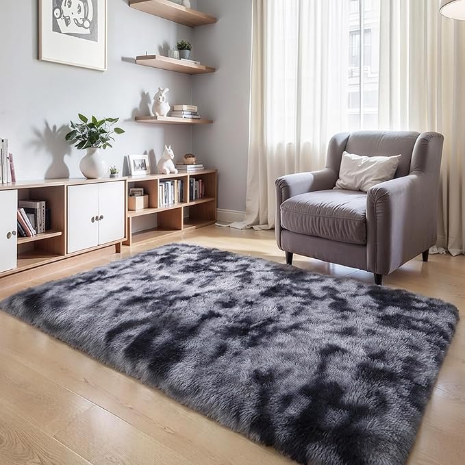 KICHOWUA Thick Area Rug Dark Grey Fluffy Shag 3x5 for Bedroom, Soft Plush Fuzzy Washable Carpet for Living Room, Non Slip Furry Floor Shaggy Rug for Kids Baby Nursery College Dorm, Tie-Dye Dark Gray