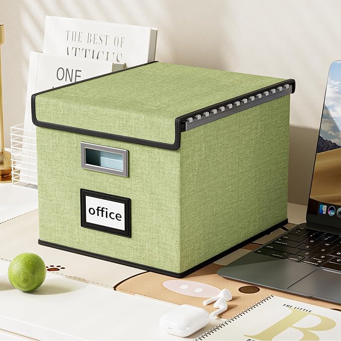 File Organizer Boxes with Lids, Linen Hanging Filing & Storage Box with Plastic Slide for Office/Decor/Home, Universal Hanging Filing Organization Box for Letter/Legal Folder