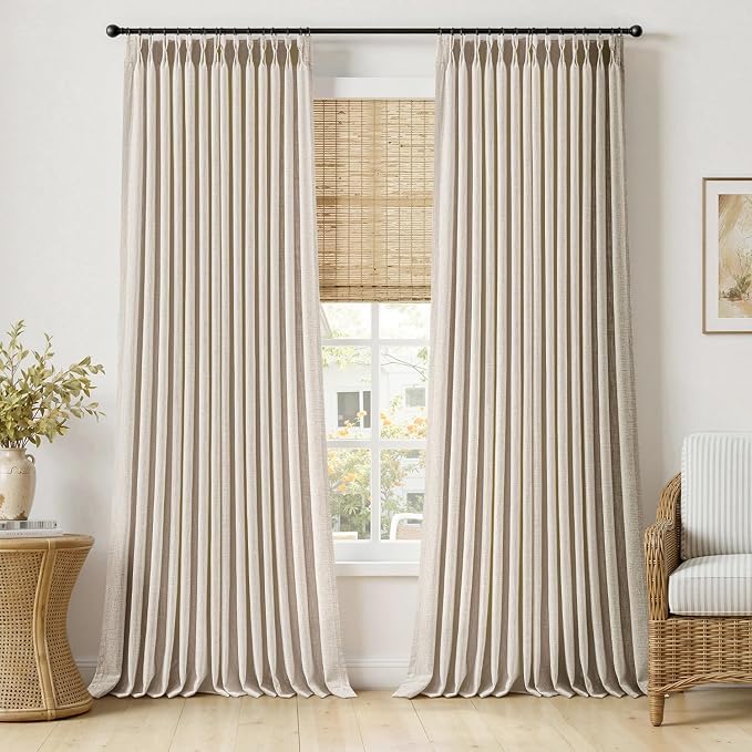 MIULEE Pinch Pleated Thick Linen Curtains 102 Inches Long 2 Panels for Living Room Bedroom, Pinch Pleat Drapes Back Tab Memory Trained Semi Sheer Privacy Neutral Ivory Cream Farmhouse Window Curtains
