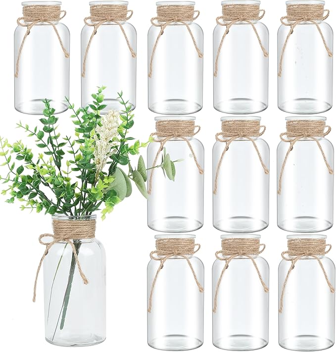 Vintage Glass Flower Vase, Farmhouse Glass Centerpiece Vases Mason Jars for Weddings, Parties & Home Decor Bulk (12, Transparent)