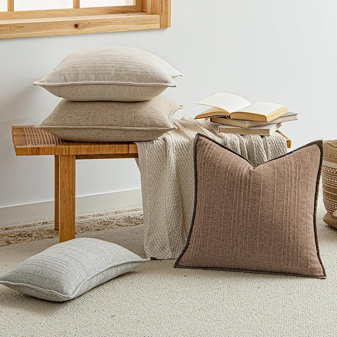 a moment Linen Pillow Covers Set of 2,Boho Farmhouse Throw Pillowcases Neutral Textured Decorative Covers for Couch Sofa,Soft Linen Blend Accent Case Cushion Living Room Home Decor 18"x18"Hazel