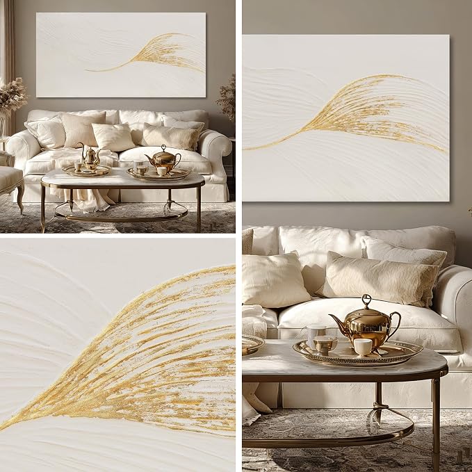 Dolidoteart Wall Art Hand Painted Oil Painting, Neutral White and Gold Textured Abstract Wall Art, Large 24x48 Inch Modern Living Room Wall Decor for Bedroom Dining Room Office Entryway