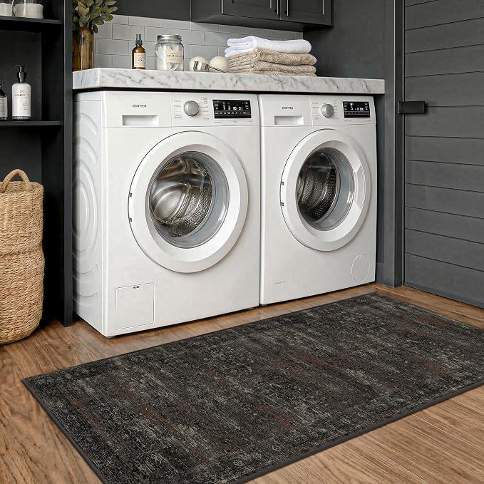 Black 2x5 Washable Entryway Runner Rug, Non Slip Hallway Rug for Laundry Room, Bathroom & Bedroom, Dark Charcoal Low Pile Stain Resistant Indoor Rug
