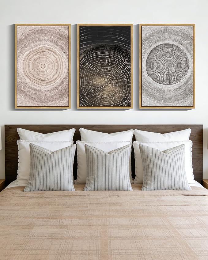 PHOPAGO Vintage Wood Tree Rings Wall Art 16x24in Farmhouse Rustic Framed Canvas Paintings Living Room Bedroom Decor Nature Artwork Natural Framed