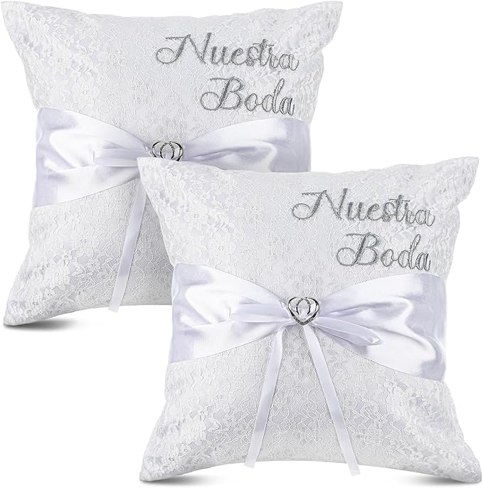 Mixweer 2pcs Wedding Embroidered Kneeling Pillows Nuestra Boda 18 x 18 Inch Embroidered Prayer Pillow Satin and Lace Kneeling White/Silver, Cojines para Boda, Decoracion (18",Without Pillow)