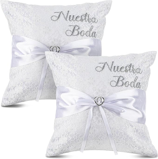 Mixweer 2pcs Wedding Embroidered Kneeling Pillows Nuestra Boda 18 x 18 Inch Embroidered Prayer Pillow Satin and Lace Kneeling White/Silver, Cojines para Boda, Decoracion (18",Without Pillow)