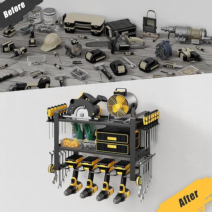 Jusgym Power Tool Organizer Wall Mount |150lbs Garage Storage Rack with 4 Cordless Drill Holder |3-Tier Heavy Duty Tool Storage Rack for Garage Organization |Gift for Men