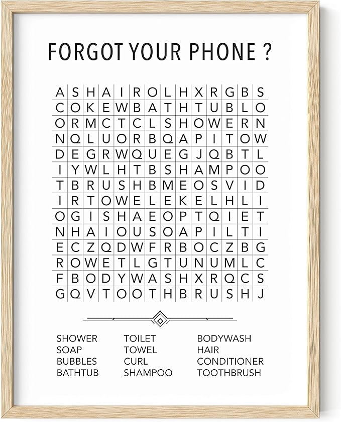 HAUS AND HUES Funny Bathroom Decor & Prints | Framed Funny Kids Bathroom Word Search Art, Beige Frame Guest Bath Wall Decor, Powder Room Humor | 12"x16"