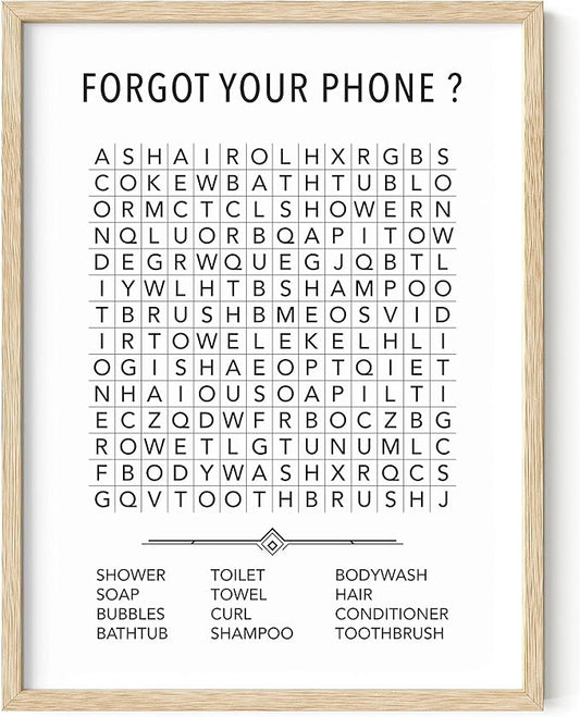 HAUS AND HUES Funny Bathroom Decor & Prints | Framed Funny Kids Bathroom Word Search Art, Beige Frame Guest Bath Wall Decor, Powder Room Humor | 12"x16"