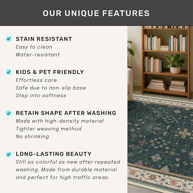 Hazo Haus Vintage Dark Green 2x10 Hallway Runner Rug - Modern Boho Eclectic Floral Pastel, Washable Low Pile Non-Slip Extra Long Runner Rugs for Kitchen, Bedroom