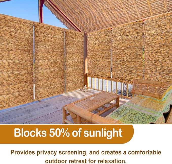 DoubleFill 4 Pcs Bamboo Shades Outdoor Reed Roll Up Blinds 48" W x 72" H Blackout Sunshade Cordless Bamboo Blinds for Home Porch, Patio & Windows Decor Shutters Sunlight Privacy Screen(Carbon Brown)
