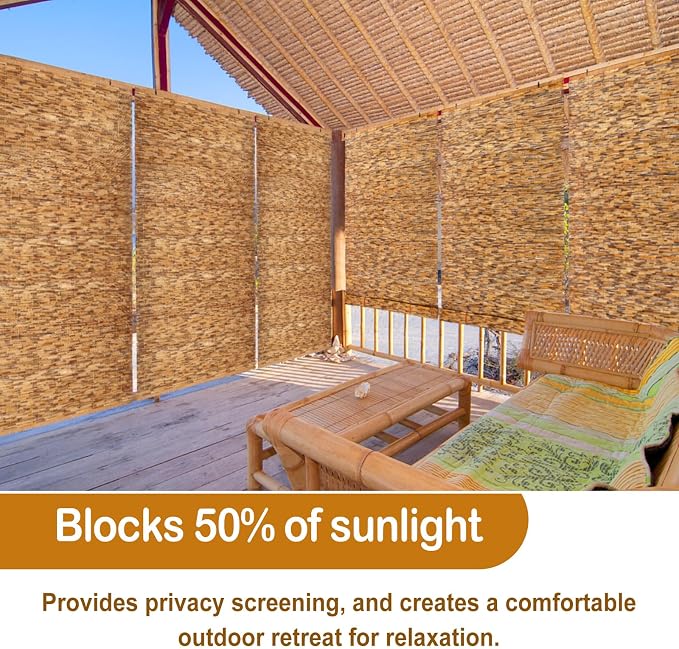 DoubleFill 3 Pcs Bamboo Shades Outdoor Reed Roll Up Blinds 48" W x 72" H Blackout Sunshade Cordless Bamboo Blinds for Home Porch, Patio & Windows Decor Shutters Sunlight Privacy Screen(Carbon Brown)