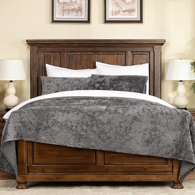 ELEGANT LIFE HOME Luxury Washed Crushed Velvet Diamond Stitching Bedding Quilt Set with Matching Sham, Full/Queen (90 in x 92 in /1+20 in x 26 in /2), 3 Piece, Charcoal Gray