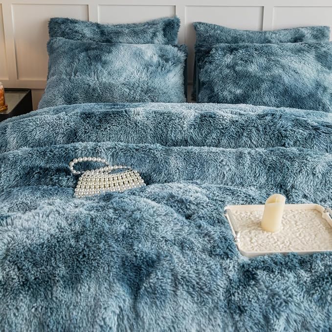 chovy Faux Fur Tie-Dyed Blue White Colorful Comforter Sets King - 3PC Bed Set Ultra Soft Plush Flannel Velvet Fluffy Fuzzy Bedding（Comforter x 1 Pillowcases x 2）