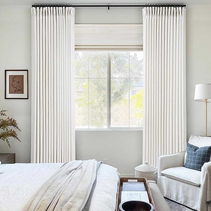 100 inch Long Pinch Pleated Curtains for Living Room Natural Cream Semi Sheer Light Filtering Linen Curtain 100 inch Modern Farmhouse Neutral Linen Drapes with Rings Hooks Ceiling Floor Length Ivory