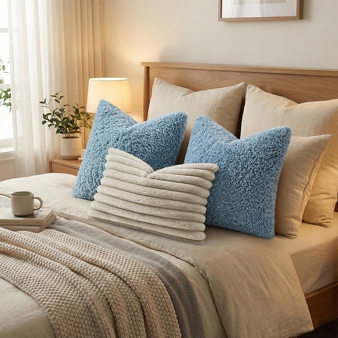 decorUhome Pack of 2 Throw Pillow Covers 18x18 Inch, Faux Fur Decorative Sherpa Pillow Covers Fuzzy Accent Soft Sheepskin Fleece Pillow Cases for Couch Living Room Bed, Light Blue