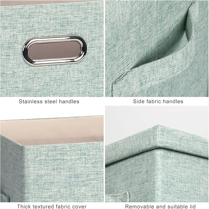 Graciadeco Large 17" 36 Quart Collapsible Stackable Storage Bins with Lids, 3 Packs Light Green Linen Fabric Closet Boxes, Storage Cube Baskets Container Organizers for Office (16.5x12.2x11.2)