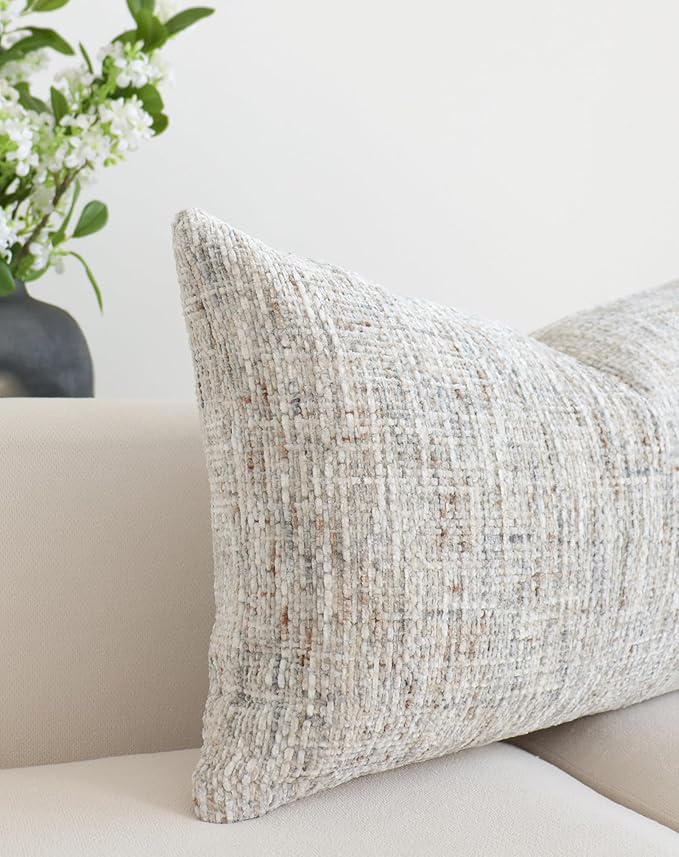 Textured Neutral Lumbar Pillow Cover 12x20 Inch Soft Woven Chenille Accent Boho Farmhouse Rectangle Decorative Throw Pillow Cover for Modern Home Decor Couch Sofa Chair Bedroom Living Room