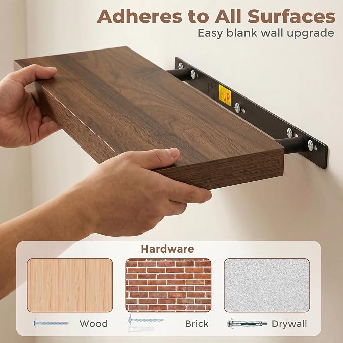 Venusmiles Floating Shelves for Wall, 20 Inch Floating Shelves Set of 2, 6.5" D Wooden Wall Mounted Display Shelves with Invisible Brackets for Living Room, Bedroom, Bathroom, Kitchen Decor, Walnut