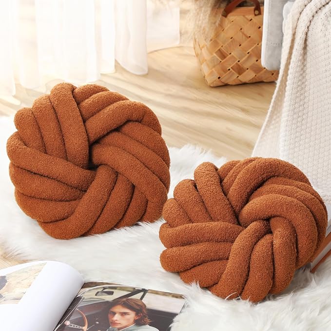 Marsui 2 Pieces Knot Ball Pillows 14 x 14 Inch Decorative Pillow for Couch Bedroom Plush Throw Knot Pillow Soft Handmade Chair Cushion for Living Room Car Decorations (Caramel)
