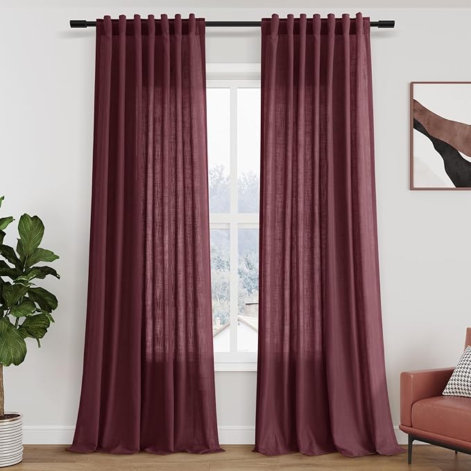 Nanspring Burgundy Linen Curtains 102 Inches Long Rod Pocket Back Tab Drapes 2 Panels Set for Living Room Bedroom Light Filtering Semi Sheer Burgundy Curtain 102 Length for Patio Door 52x102