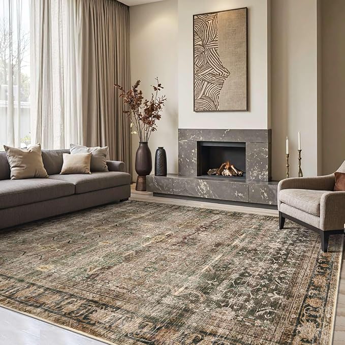 Rugxara 8x10 Area Rugs for Living Room Bedroom, Large Washable Rug, Brown Vintage Retro Boho Rug, Non Slip & Low Pile Faux Wool Thin Carpet for Indoor Dining Room and Kids Room(Charcoal/Olive 8x10ft)