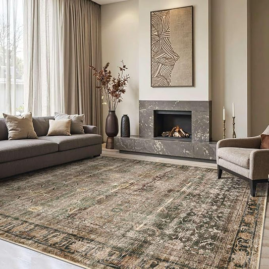 Rugxara 8x10 Area Rugs for Living Room Bedroom, Large Washable Rug, Brown Vintage Retro Boho Rug, Non Slip & Low Pile Faux Wool Thin Carpet for Indoor Dining Room and Kids Room(Charcoal/Olive 8x10ft)