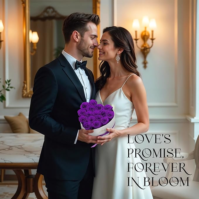 GLAMOUR BOUTIQUE Preserved Roses in a Box - Gifts for Her, Wife & Mom, Rose Flowers Forever Decor for Birthday Gift, Get Well Flower Bouquet Cased in White Box with Cover - Purple - 16 (Color-Treated)