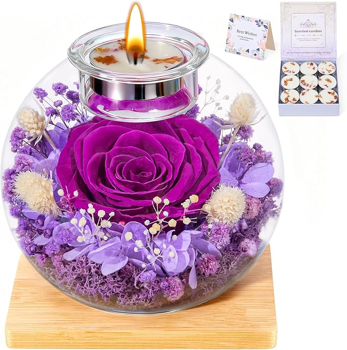 Mothers Day Rose Gifts for Mom Birthday Gift for Women Preserved Rose in Glass Dome with 2 Fragrances Eternal Purple Roses Forever Flowers for Delivery Mothers Day Flower Gifts for Mom Grandma Wife