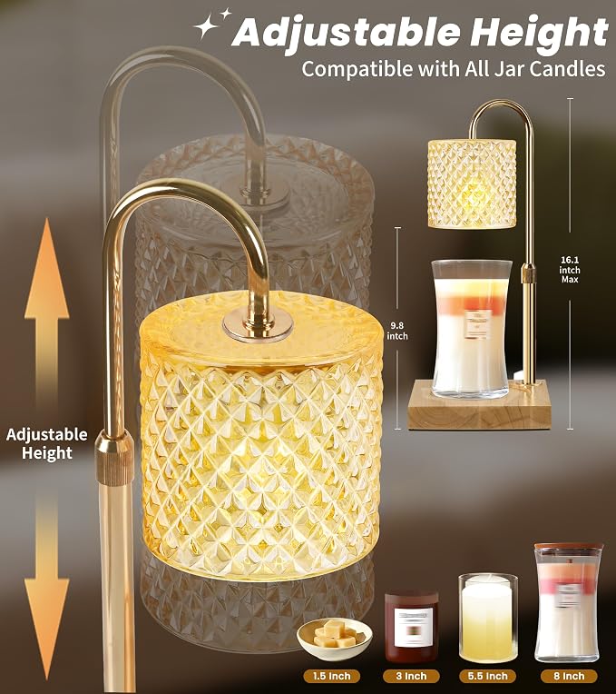 TigQiang Adjustable Height Candle Warmer Lamp with Timer Dimmer, Birthday Gifts for Women, House Warming Gifts, Elegant New Home Decor, Wax Warmer for Jar Candles, Heater Lamp for Scented Wax, Amber