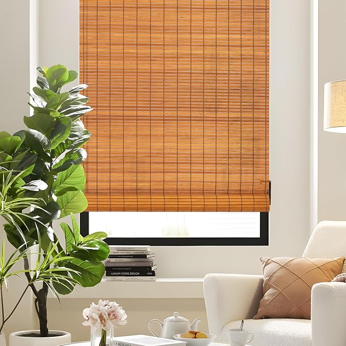 ALIMOO Cordless Bamboo Blinds Roll Up Shades Light Filtering Cordless Roller Window Blinds for Interior Home Patio Porch 72" W x 72" L