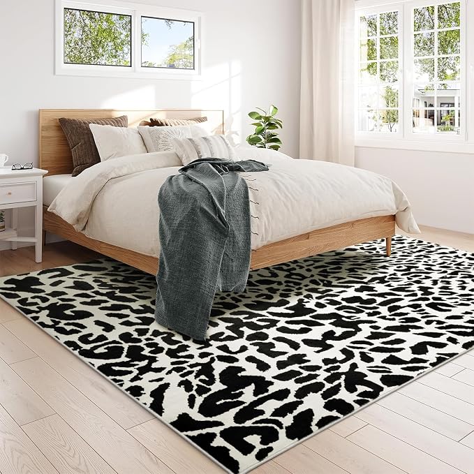 YIHOUSE Leopard Rug for Living Room, Black and White Cute Cheetah Print Rug Modern Washable Animal Printed Rugs for Bedroom, Girls Boys Dorm Room Nursery Room, Playroom, 8x10