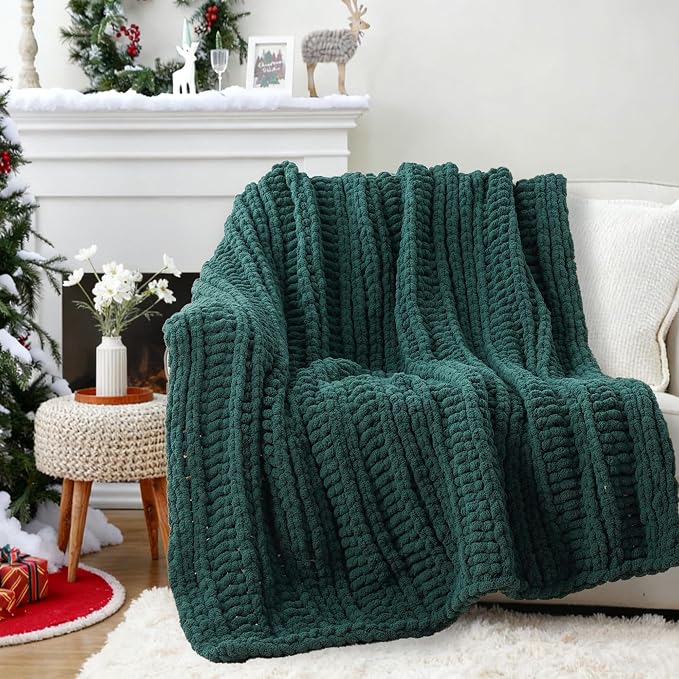 Battilo Chunky Knit Throw Blanket for Couch, Christmas, 50"x60", Dark Green | Hand Knit, Gift Blanket for Christmas Decor, Cozy Warm Thick Soft Chenille Throw Blanket for Bed, Sofa, Chair, Living Room