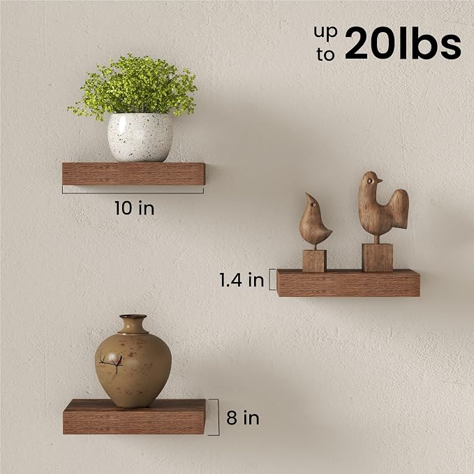 Fun Memories Floating Shelves for Wall with Invisible Brackets, 10 Inch Wall Mounted Wood Shelves with Wood Grain for Living Room, Bedroom, Bathroom, Kitchen Decor and Storage, Brown - Set of 3