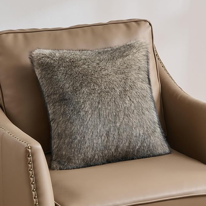 FUTEI Pack of 2 Faux Raccoon Fur Plush Throw Pillow Covers 18x18 Inch Soft Fluffy Farmhouse Decorative Cushion Case Modern Luxury Accent for Couch Bed Living Room, Gray Green