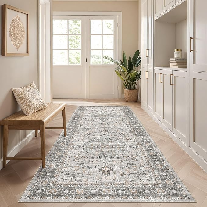 Runner Rug Kitchen Washable Rugs: 3x8 Non-Slip Boho Soft Vintage Stain Resistant Indoor Floor Neutral Farmhouse Throw Carpet for Hallway Bathroom Laundry Room Entryway Bedroom- Taupe