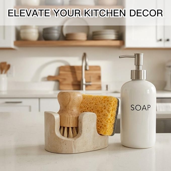 Travertine Sponge Holder for Kitchen Sink, 2-in-1 Sponge & Brush Holder, 2 Slot Natural Stone Sink Caddy for Countertop, Keeps Countertops Dry, Non-Slip Base, Elegant Kitchen Decor, Beige