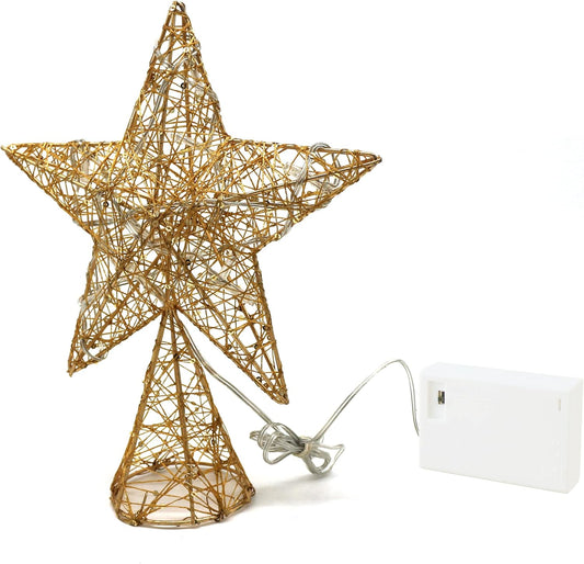 CVHOMEDECO. Gold Tree Top Star with Warm White LED Lights and Timer for Christmas Ornaments and Holiday Seasonal Décor, 8 x 10 Inch