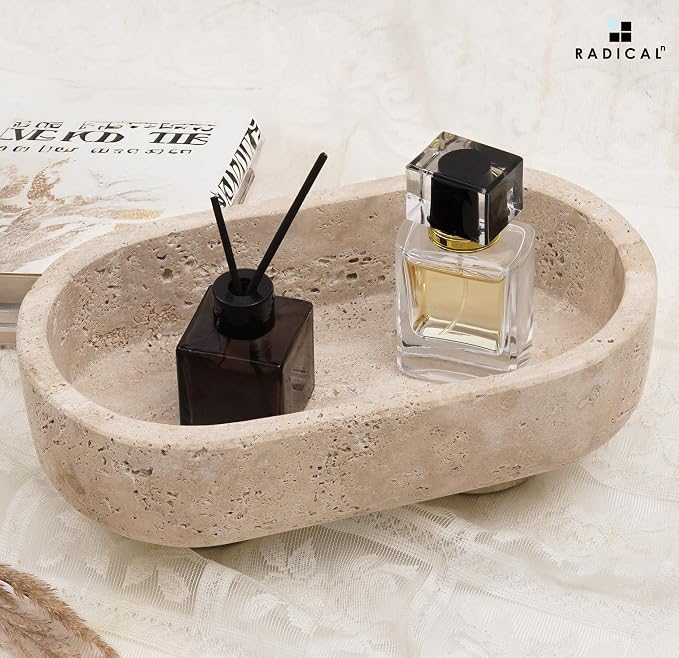Radicaln Marble Oval Bowl With Stand 10" Inches Travertine Handmade Decorative Bowl, Ideal Key Bowl & Candle Holder, Candy and fruit Dish For Kitchen Countertop