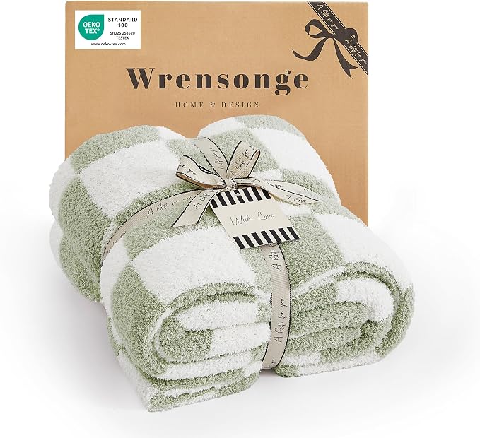 WRENSONGE Soft Checkered Throw Blanket for Couch-Cozy Warm Knitted Blankets | Lightweight Warm Fluffy Decor for Women, Mom, Her & Girls, Sofa, Chair, Bed, 50x60in, Sage Green