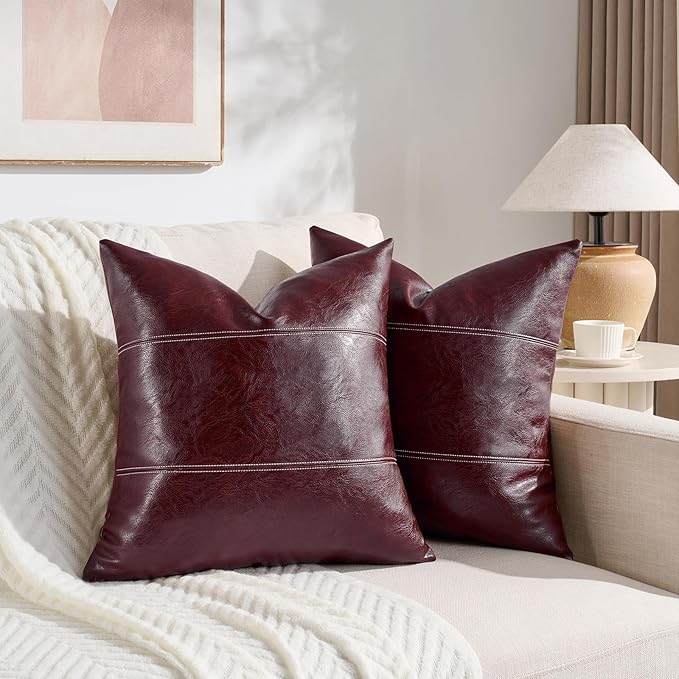 Fancy Homi Burgundy Faux Leather Decorative Throw Pillow Covers 18x18 Inch for Living Room Couch Bed Sofa, Farmhouse Boho Home Decor, Wine Red Hand Stitched Accent Square Cushion Case 45x45 cm