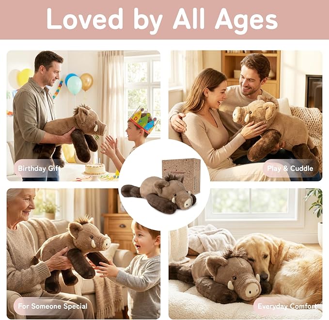 Niuniu Daddy Weighted Wild Boar Stuffed Animal for Kids & Adults, 20 Inch 3.3lb Large Plush Toy with Soft Fur, Weighted Plushies Pillow for Sensory Calm, Huggable Gift for Everyday Comfort