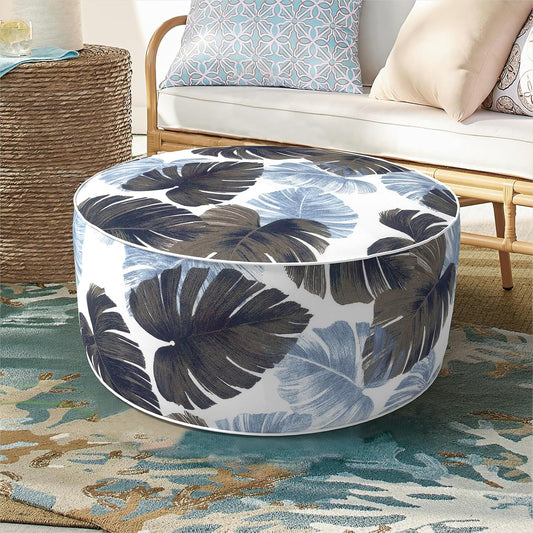 Inflatable Ottoman Stool D21 xH9 for Outdoor/Indoor Use, Water Repellent Patio Foot Rest Stool with Portable Handle,Round Pouf Ottoman Suitable for Garden,Deck and Camping - Monstera Blue