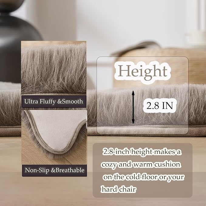 1700GSM Fuzzy Faux Sheepskin Fur Area Rug,Extra Soft Faux Fur Mat,Fluffy Shaggy Fur Rug for Bedroom Living Bedside Rug Room Decor-Taupe, 2 x 3 ft