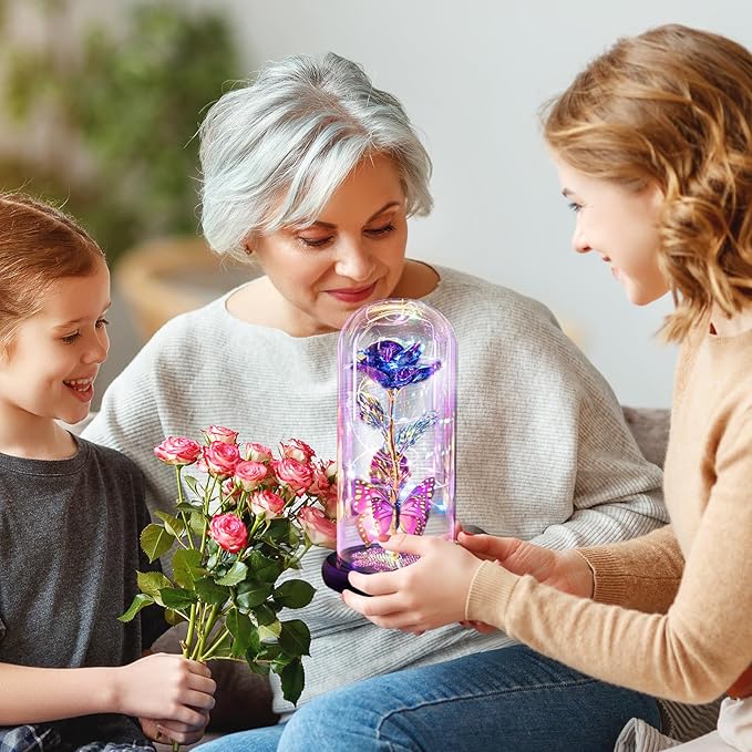 Mothers Day Mom Gifts for Mom Women Birthday Gift Galaxy Glass Rose in Glass Dome Forever Eternal Crystal Flowers with Butterfly Mother's Day Flower Gifts for Women Wife Grandma Daughter Sister Purple