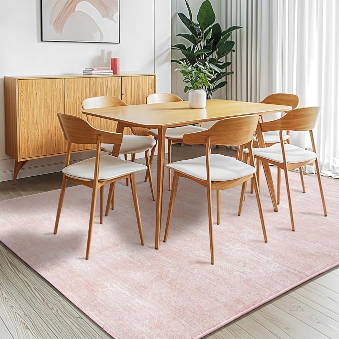 4x6 Washable Area Rug, Pink Solid Area Rugs for Living Room & Bedroom | Stain-resistant & Non-slip backing,Low Pile Washable Large Carpet, Solid Vintage Style For High Traffic Areas(4x6,Pink)